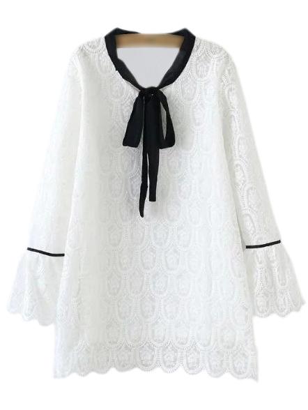Romwe White Bell Sleeve Contrast Tie Neck Bow Lace Blouse