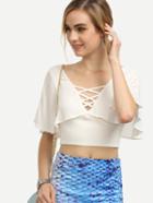 Romwe White Lattice Front Open Back Ruffle Crop Top