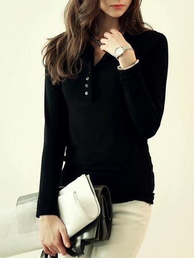 Romwe Long Sleeve Buttons Black T-shirt