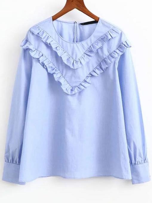 Romwe Blue Ruffle Embellished Round Neck Blouse
