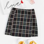 Romwe Tartan Plaid Zip Side Skirt