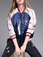 Romwe Pink Navy Color Block Flowers Embroidered Coat