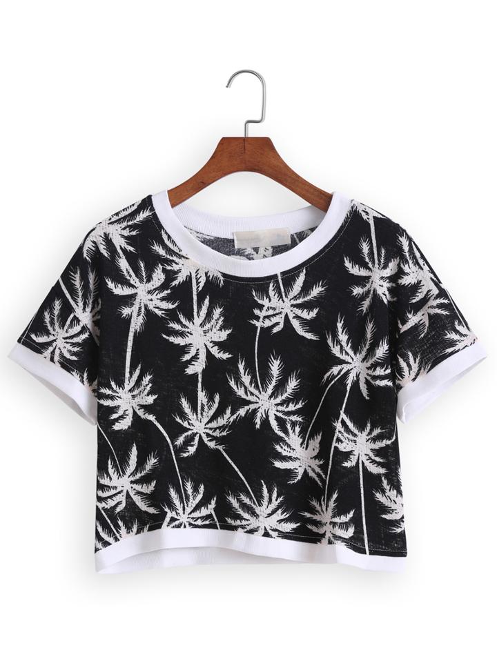 Romwe Tree Leaf Black White T-shirt