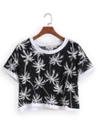Romwe Tree Leaf Black White T-shirt