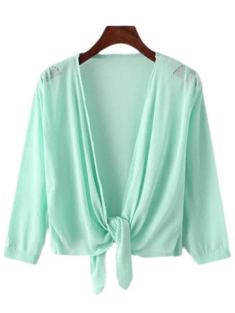 Romwe Green Self-tie Bow Hem Cardigan Knitwear