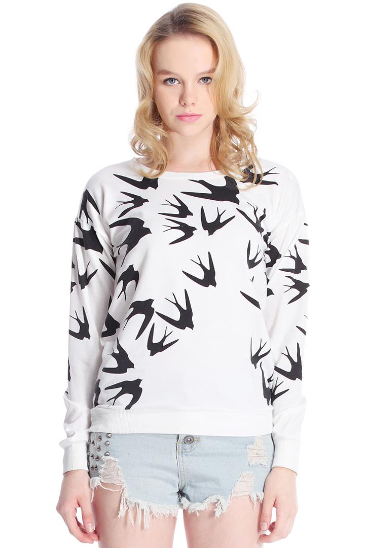 Romwe Swallow Print White Sweatshirt