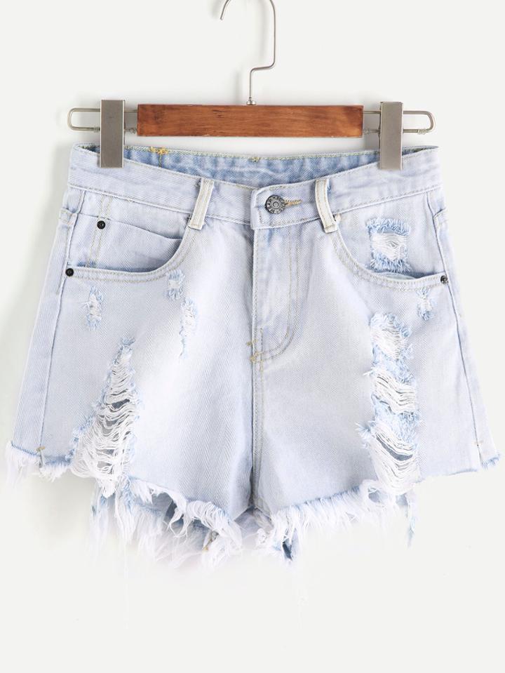 Romwe Pale Blue Ripped Raw Hem Denim Shorts