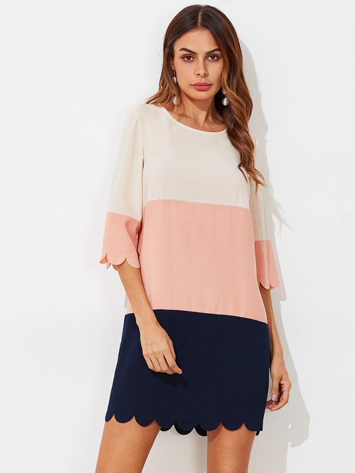 Romwe Cut And Sew Scalloped Dress