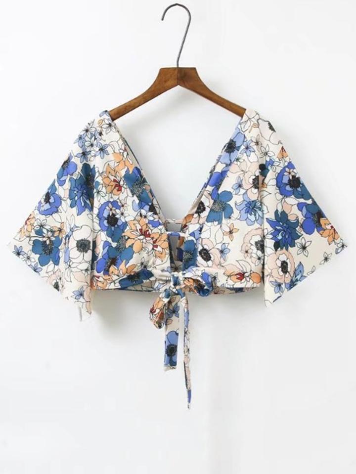 Romwe Double V Neck Knot Front Crop Top