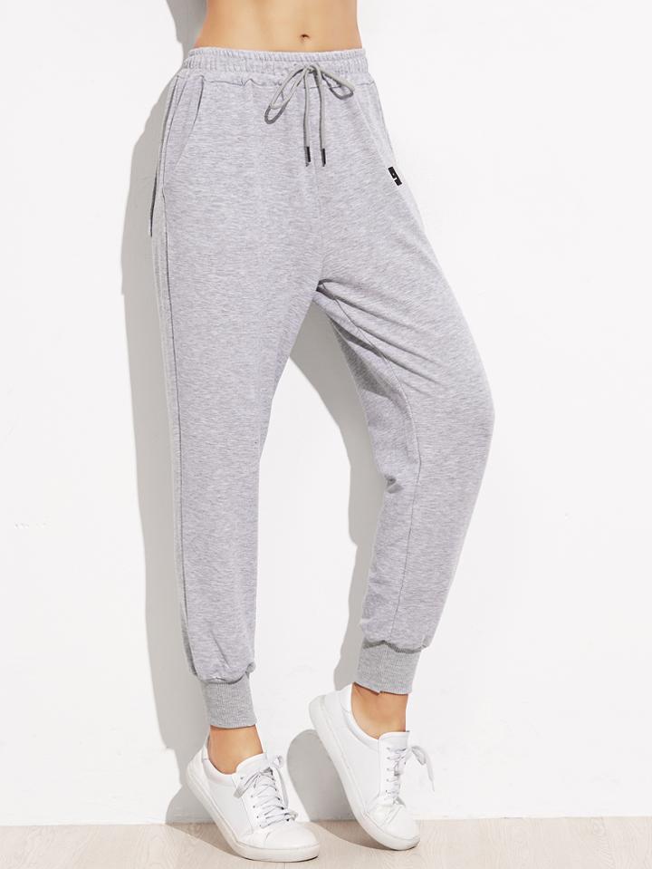 Romwe Grey Drawstring Patch Peg Pants