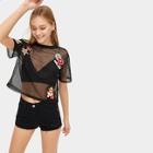 Romwe Mesh Patched Sheer Tee