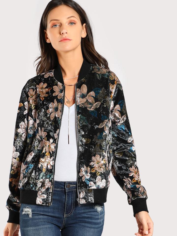 Romwe Ribbed Trim Floral Bomber Jacket