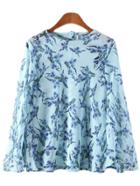Romwe Blue Bell Sleeve Buttons Back Flowers Print Blouse