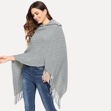 Romwe Fringe Hanky Hem Loop Knit Poncho