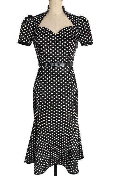 Romwe Black V Neck With Belt Polka Dot Dress