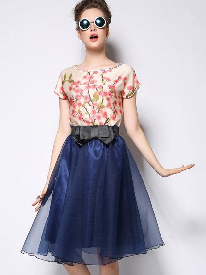 Romwe Bow Sheer Mesh Flare Navy Skirt