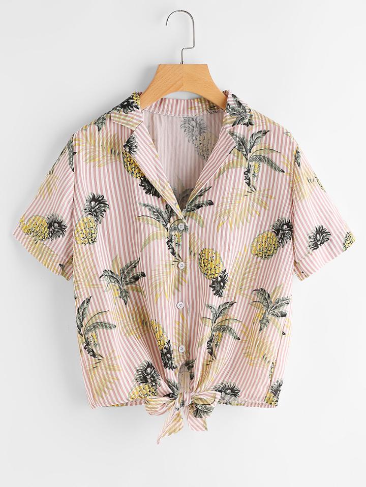 Romwe Pineapple Print Random Stripe Knot Front Shirt