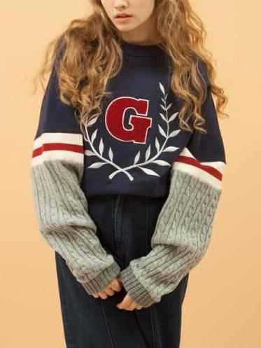 Romwe Navy Blue G Print Splicing Half Knitted Sleeve Sweatshirt