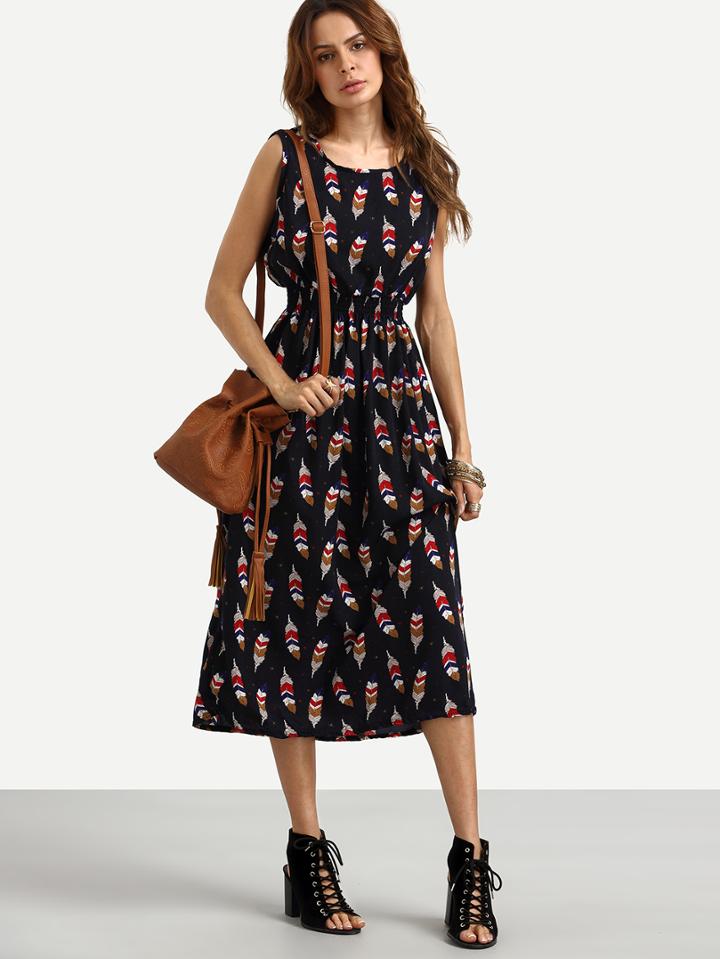 Romwe Feather Print Elastic Waist A-line Dress