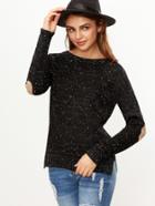 Romwe Black Side Slit Fleck Sweater With Elbow Patch Detail