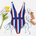 Romwe Lace-up Striped Swimsuit