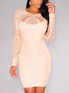 Romwe Apricot Lace Mesh Yoke Sleeve Bodycon Dress