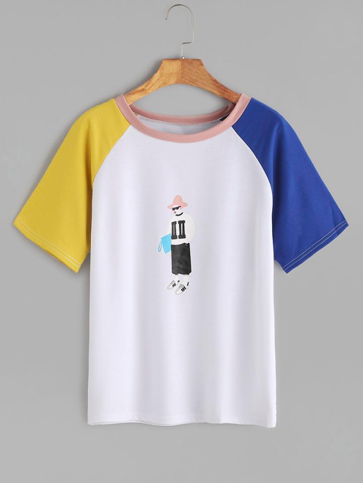 Romwe Contrast Raglan Sleeve Cartoon Print T-shirt