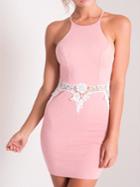 Romwe Pink Contrast Lace Hollow Out Bodycon Dress