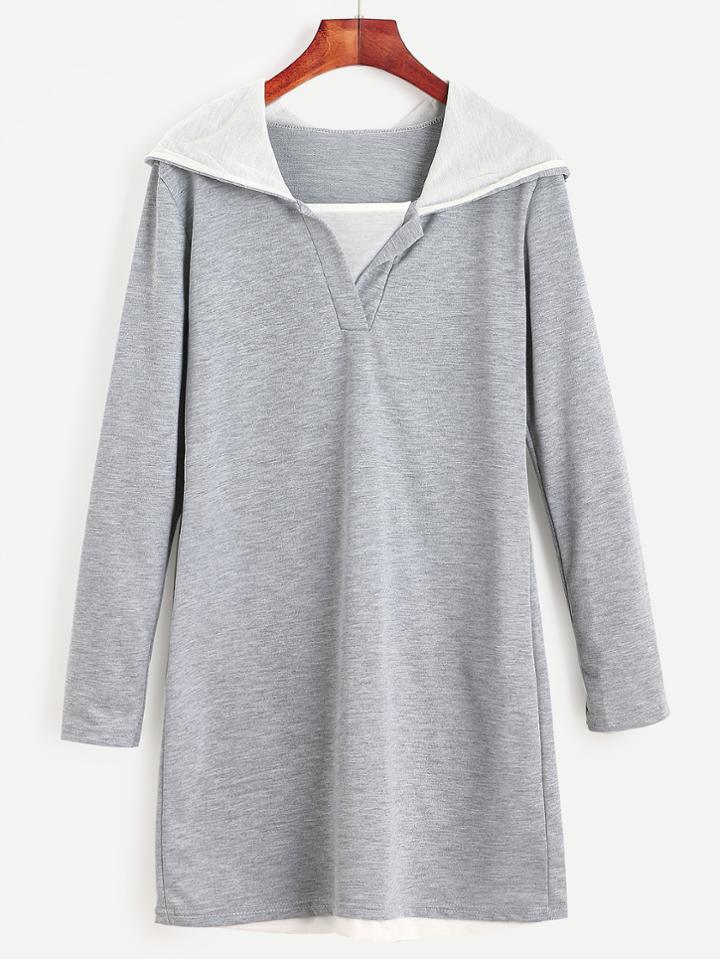 Romwe Grey Hooded Long Sleeve Sweatshirt Dress
