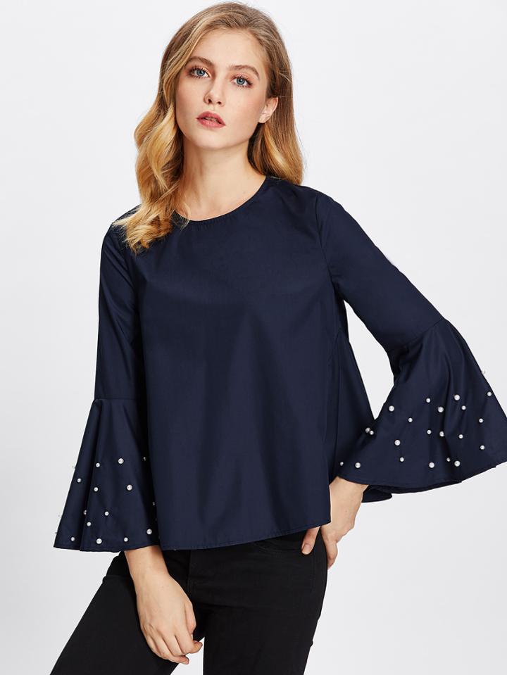 Romwe Pearl Beading Fluted Sleeve Keyhole Back Blouse