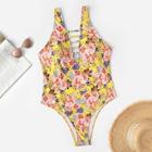 Romwe Plus Ladder Cut-out Floral Swimsuit