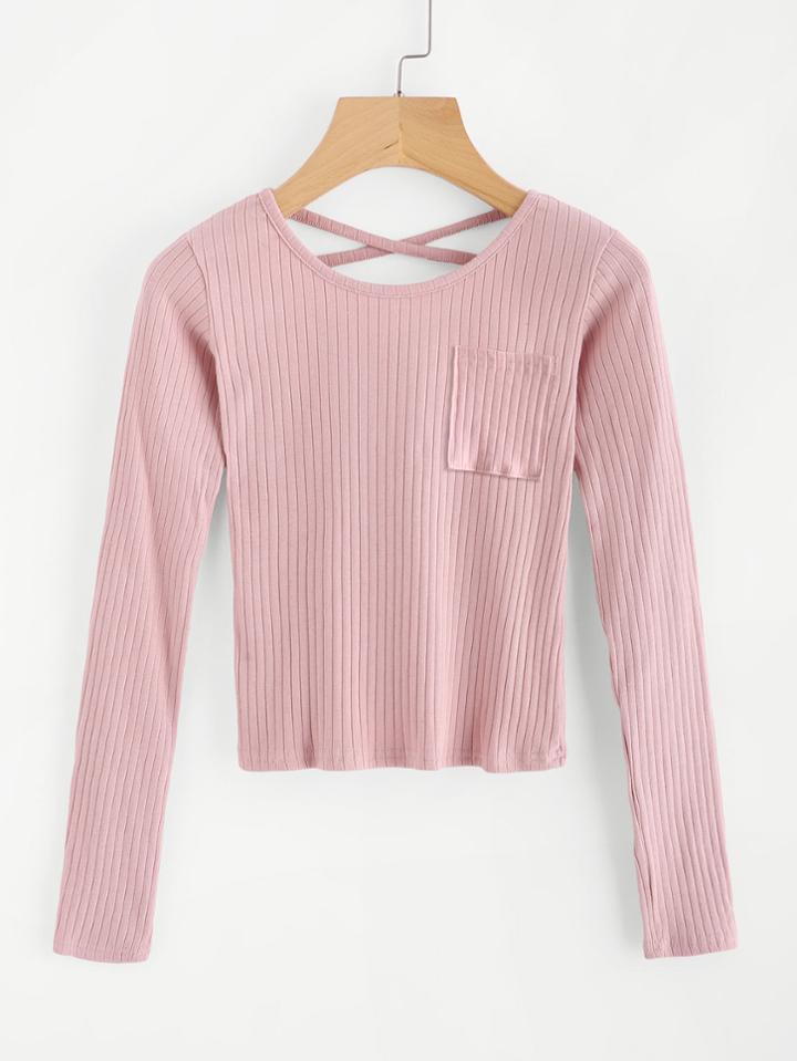 Romwe Criss Cross Back Ribbed Knit Tee