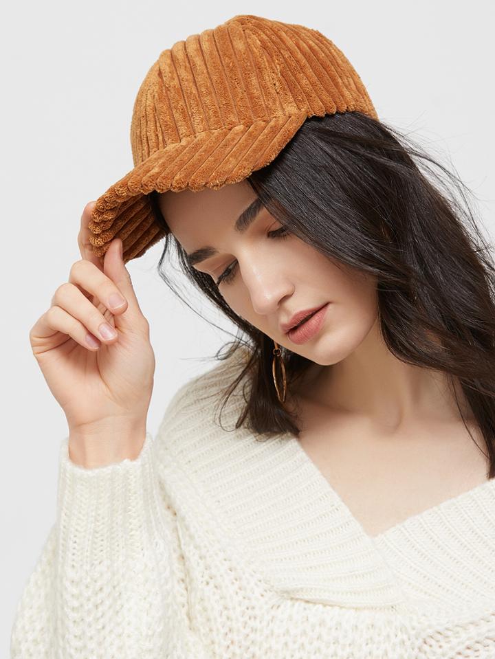 Romwe Dark Camel Thick Corduroy Baseball Cap