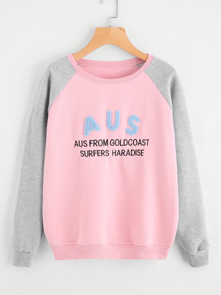 Romwe Slogan Embroidered Raglan Sweatshirt