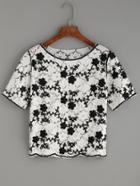 Romwe White Flower Applique Embroidered Mesh Top