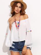 Romwe White Embroidered Tape Detail Off The Shoulder Top