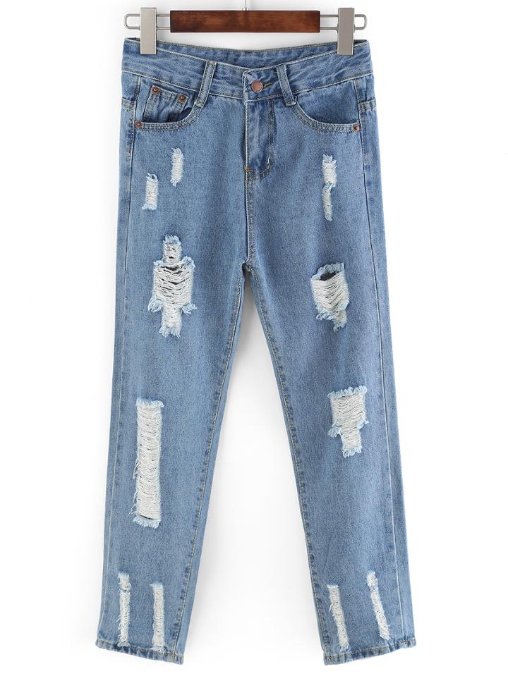 Romwe Ripped Straight Ankle Jeans