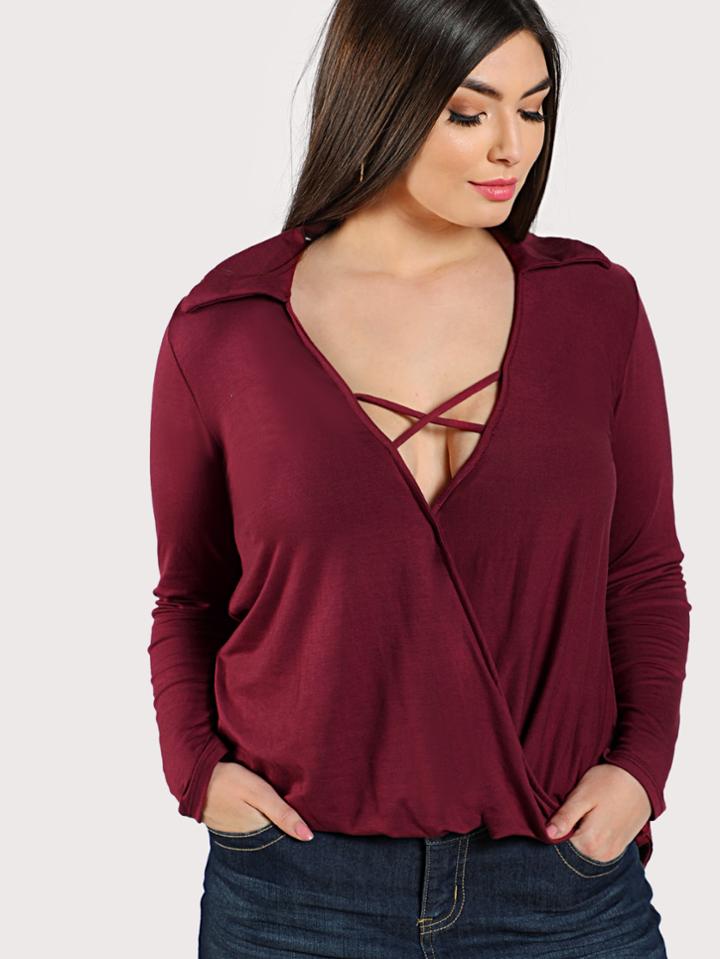 Romwe Crisscross Plunging Neck Curved Dip Hem Top