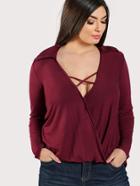 Romwe Crisscross Plunging Neck Curved Dip Hem Top
