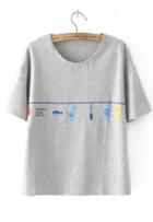 Romwe Fish Embroidered Grey T-shirt