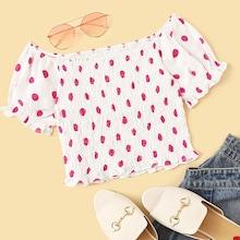 Romwe Off Shoulder Frill Trim Shirred Polka Dot Top