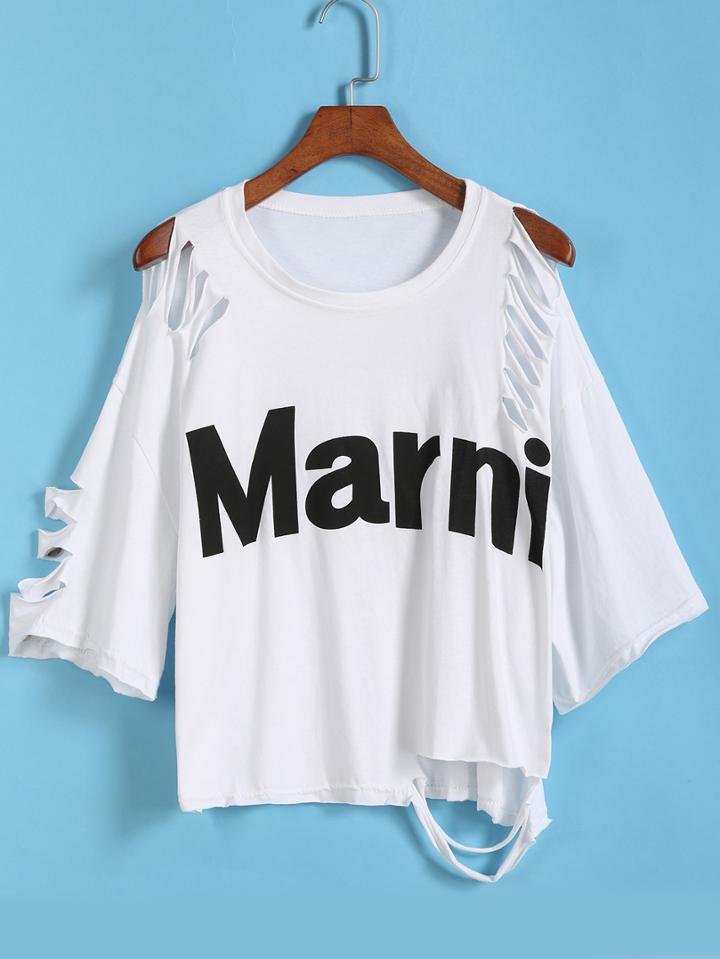 Romwe Letter Print Hollow Loose White T-shirt