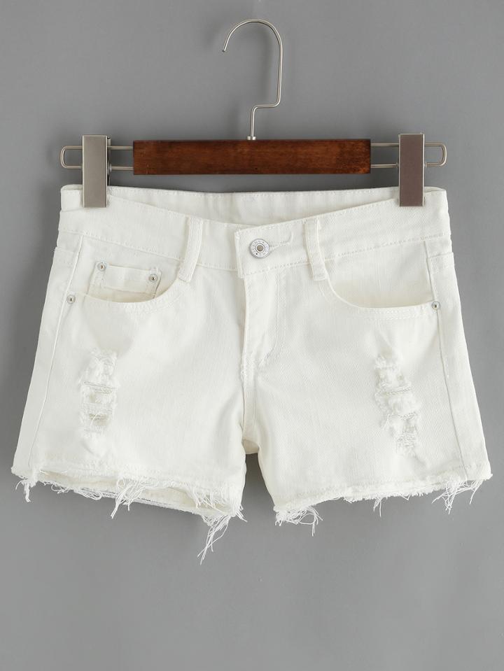 Romwe Ripped Frayed Denim White Shorts