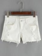 Romwe Ripped Frayed Denim White Shorts