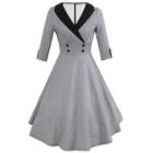 Romwe Shawl Collar Double-breasted Houndstooth Flare Dress