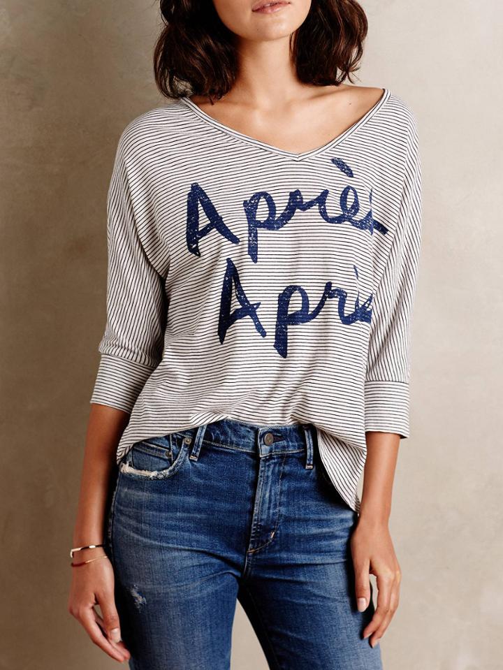 Romwe V Neck Striped Letter Print T-shirt