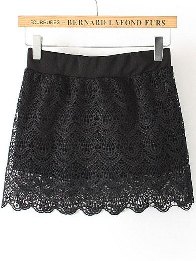 Romwe Black Hollow Lace Scalloped Skirt