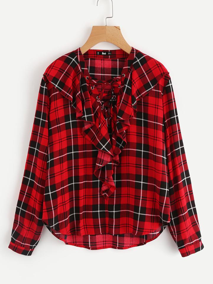 Romwe Flounce Trim Lace Up Neck Check Blouse