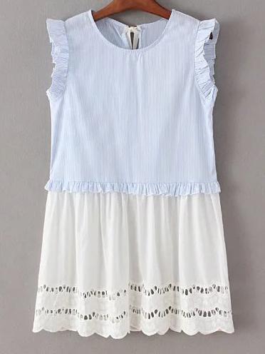 Romwe Multicolor Ruffle Cuff Self-tie Bow Back Lace Splicing Striped Blouse