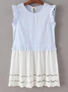 Romwe Multicolor Ruffle Cuff Self-tie Bow Back Lace Splicing Striped Blouse